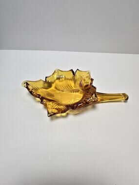 Pilgrim Glass Amber Leaf Decorative Piece Hand Blown Glass Vintage 1970s